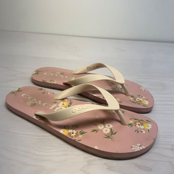 COACH White Pink Floral Flip Flop Sandals Slip On Rubber Women’s Size 8B - Picture 1 of 8